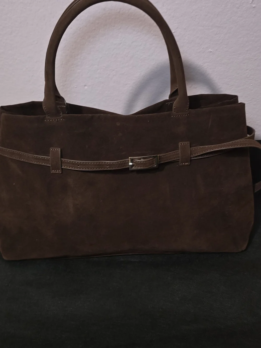Brown Suede Tote Bag with Belt Accent